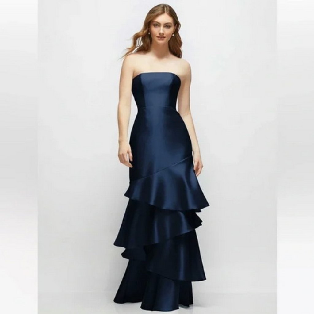 Dessy Collection Midnight Blue Ruffle Strapless Tiered Gown 3175